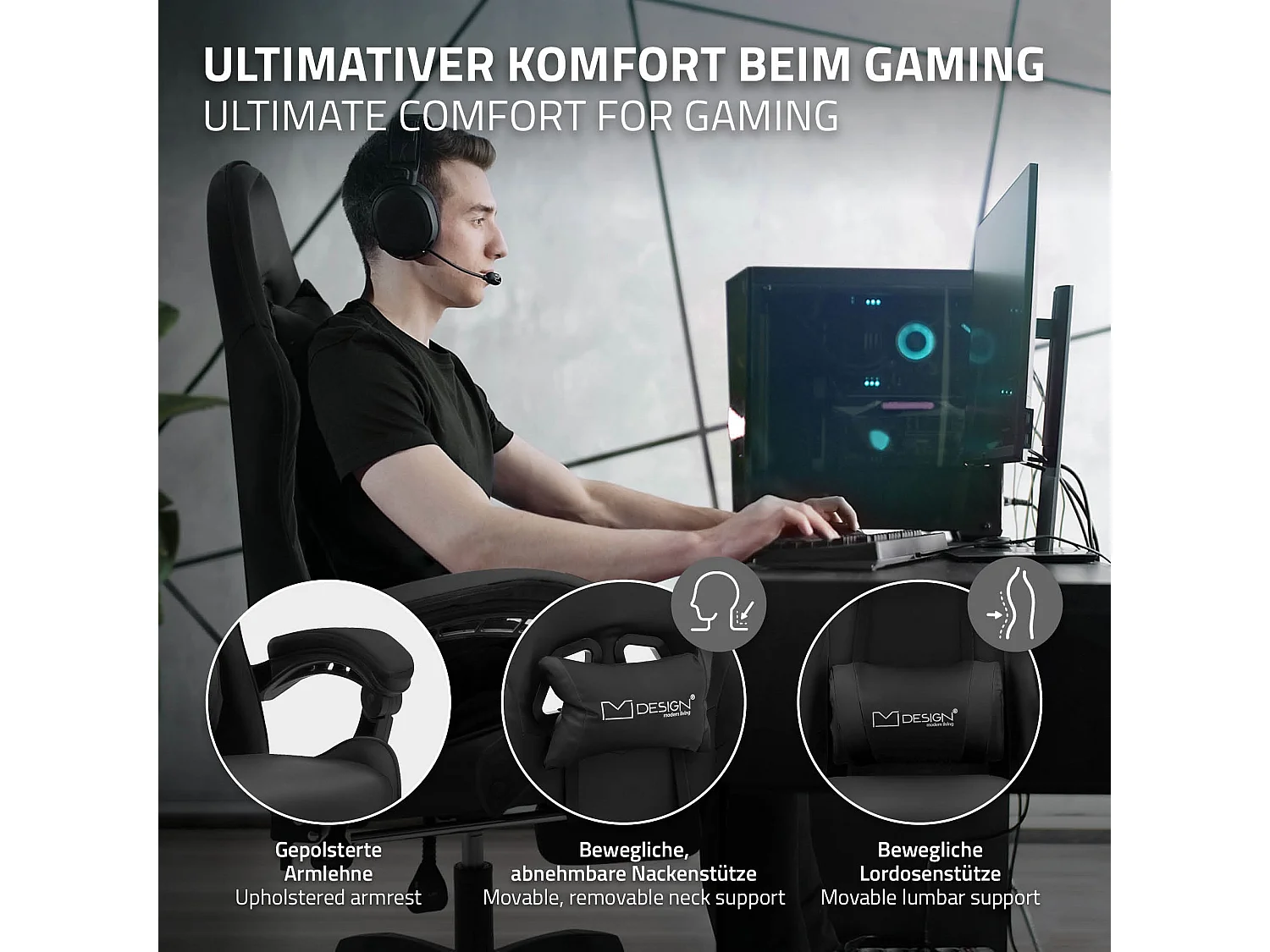 Chaise de gaming ergonomique noir en pu synthétique avec coussins de soutien repose-pieds intégré hauteur réglable dossier inclinable rotation 360°