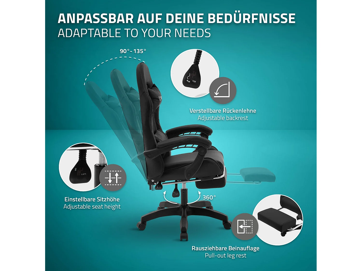 Chaise de gaming ergonomique noir en pu synthétique avec coussins de soutien repose-pieds intégré hauteur réglable dossier inclinable rotation 360°
