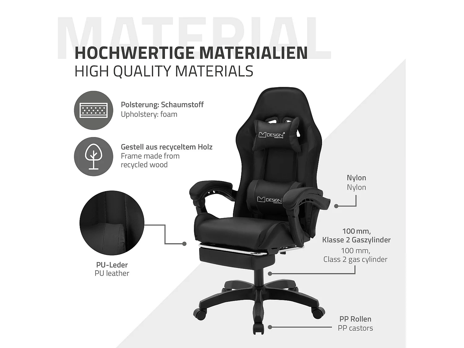 Chaise de gaming ergonomique noir en pu synthétique avec coussins de soutien repose-pieds intégré hauteur réglable dossier inclinable rotation 360°