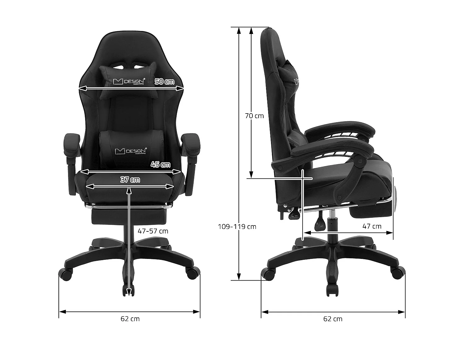 Chaise de gaming ergonomique noir en pu synthétique avec coussins de soutien repose-pieds intégré hauteur réglable dossier inclinable rotation 360°