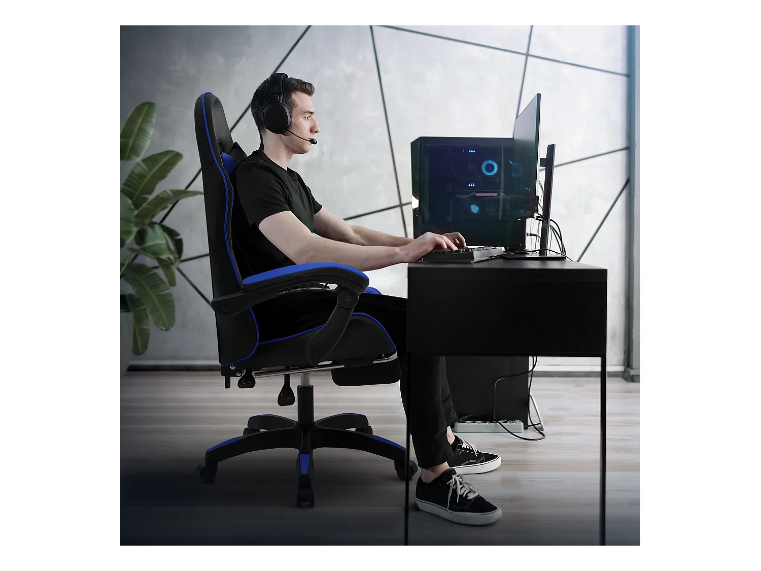 ML-Design Sedia da gaming ergonomica in similpelle blu, con poggiapiedi e poggiatesta, poltrona da gioco girevole, ideale per scrivania o ufficio
