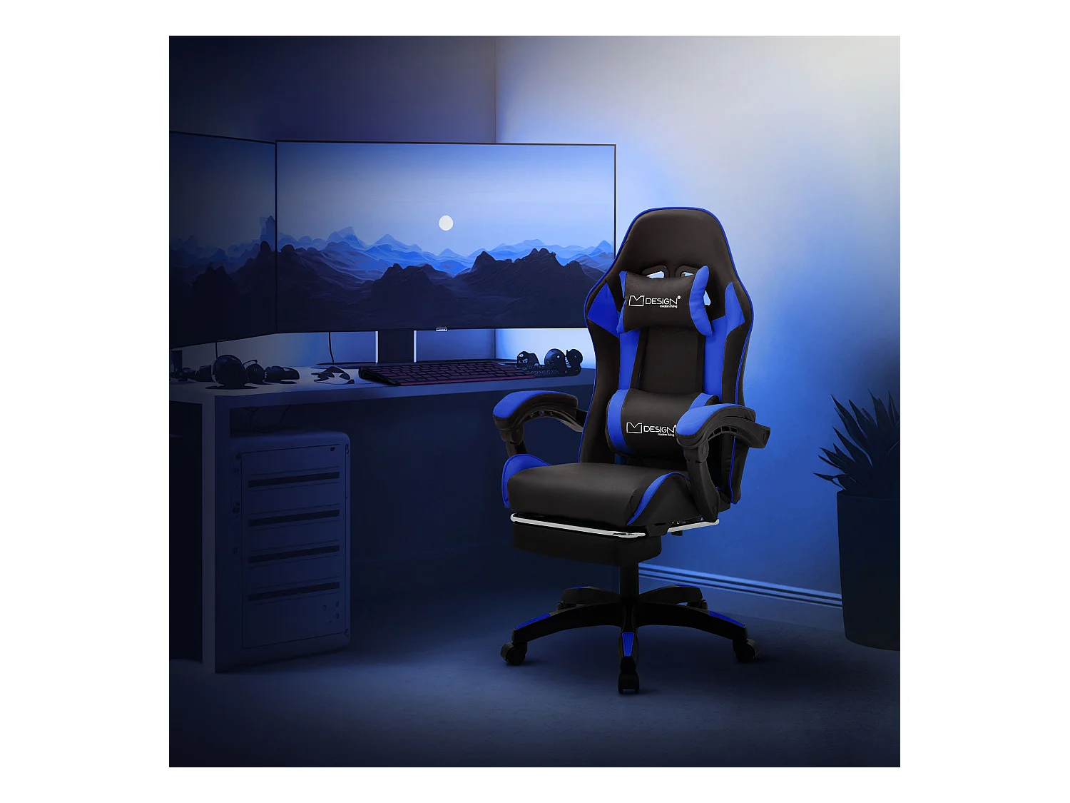 ML-Design Sedia da gaming ergonomica in similpelle blu, con poggiapiedi e poggiatesta, poltrona da gioco girevole, ideale per scrivania o ufficio