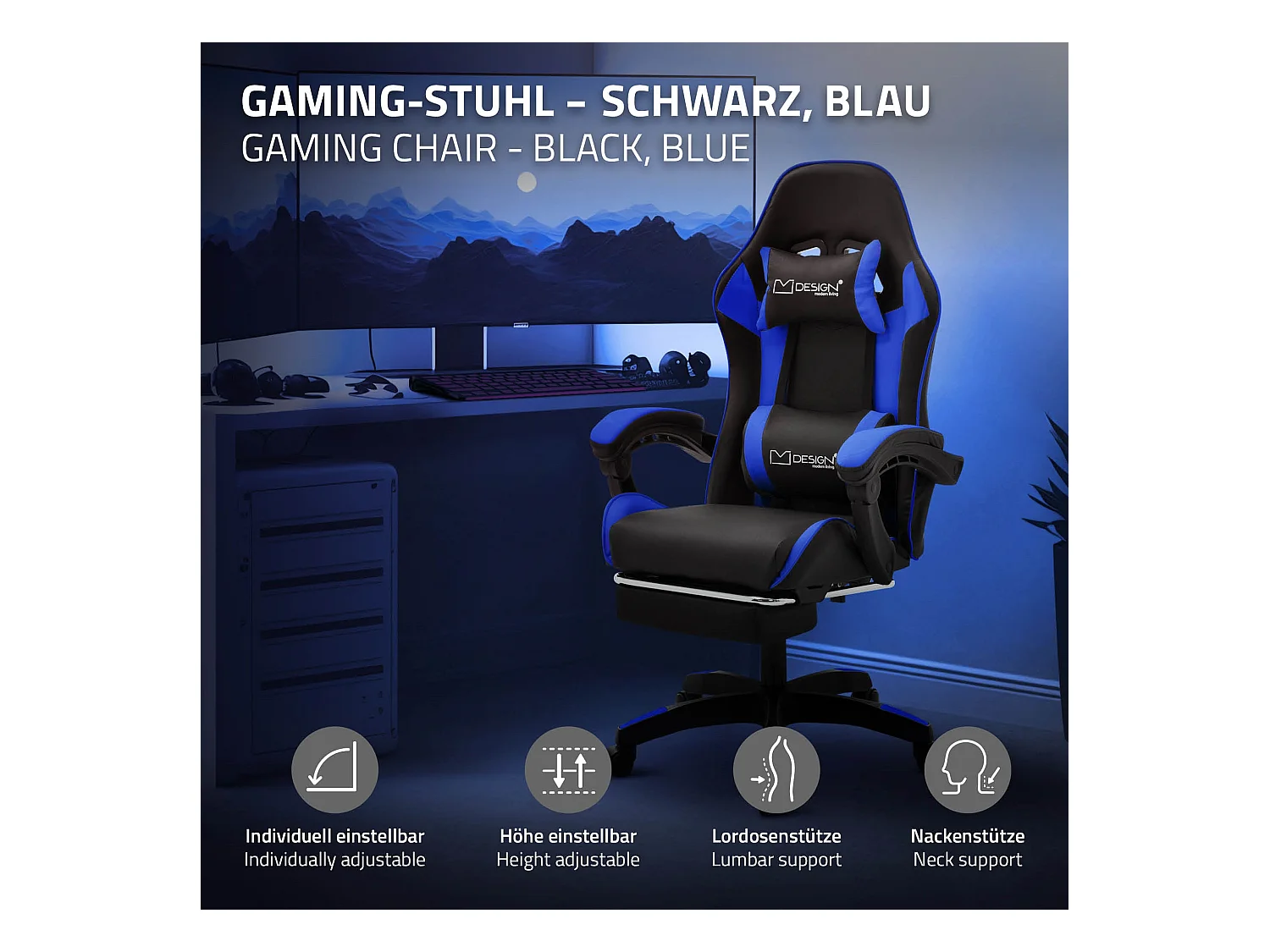 ML-Design Sedia da gaming ergonomica in similpelle blu, con poggiapiedi e poggiatesta, poltrona da gioco girevole, ideale per scrivania o ufficio