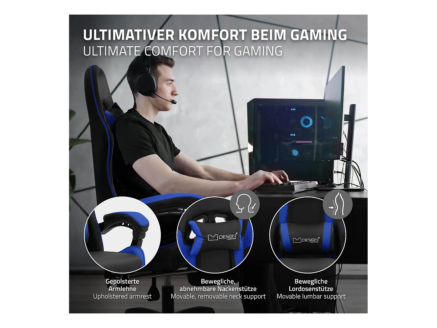 ML-Design Sedia da gaming ergonomica in similpelle blu, con poggiapiedi e poggiatesta, poltrona da gioco girevole, ideale per scrivania o ufficio