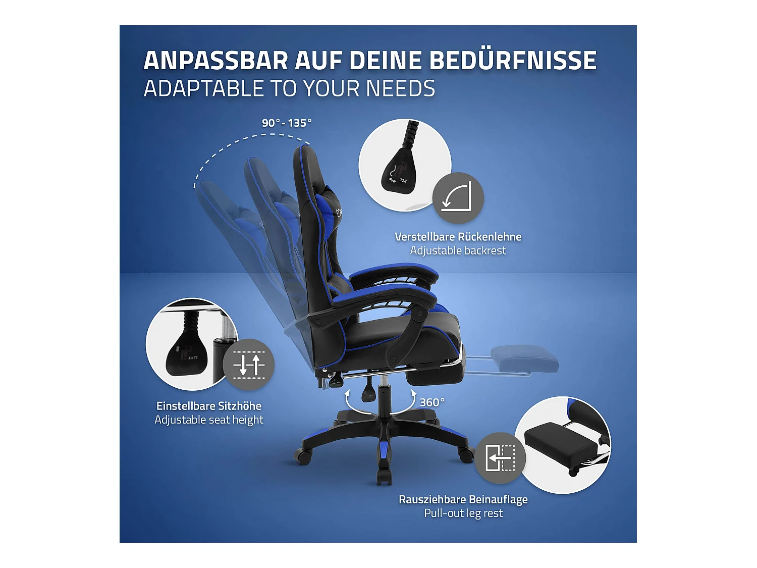 ML-Design Sedia da gaming ergonomica in similpelle blu, con poggiapiedi e poggiatesta, poltrona da gioco girevole, ideale per scrivania o ufficio