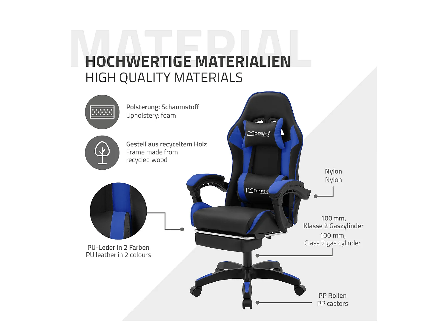 ML-Design Sedia da gaming ergonomica in similpelle blu, con poggiapiedi e poggiatesta, poltrona da gioco girevole, ideale per scrivania o ufficio