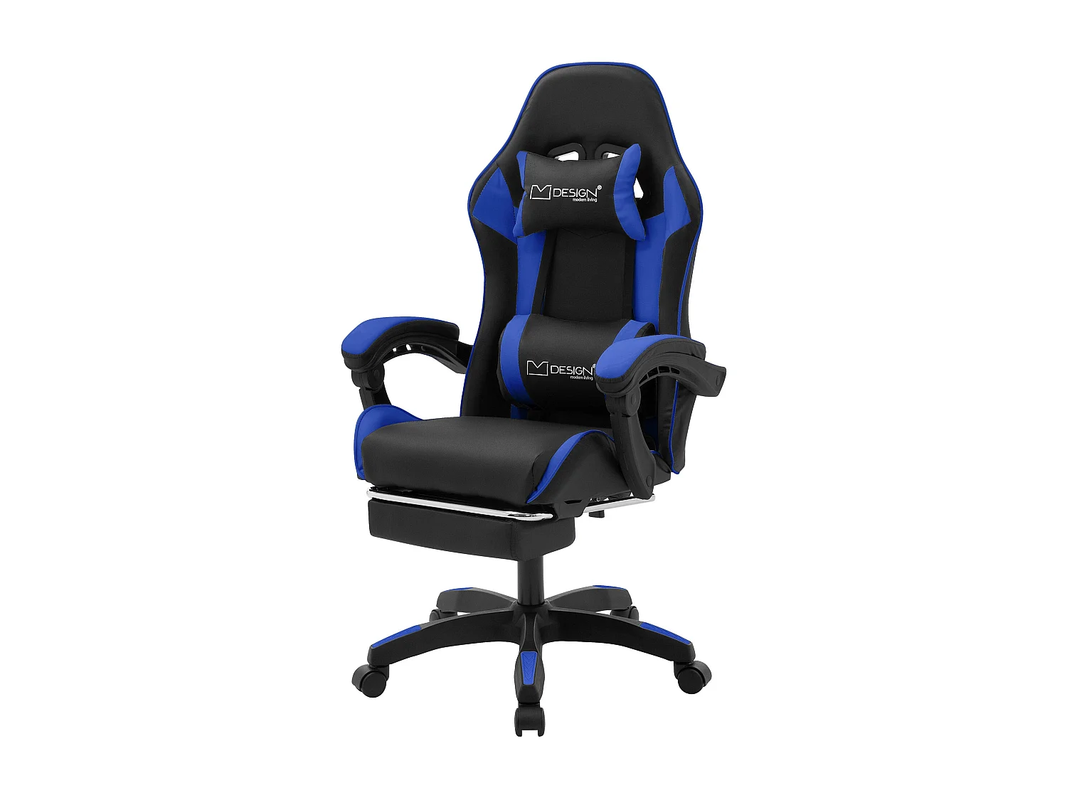 Chaise de gaming ergonomique noir bleu synthétique avec coussins de soutien repose-pieds intégré hauteur réglable dossier inclinable rotation à 360°