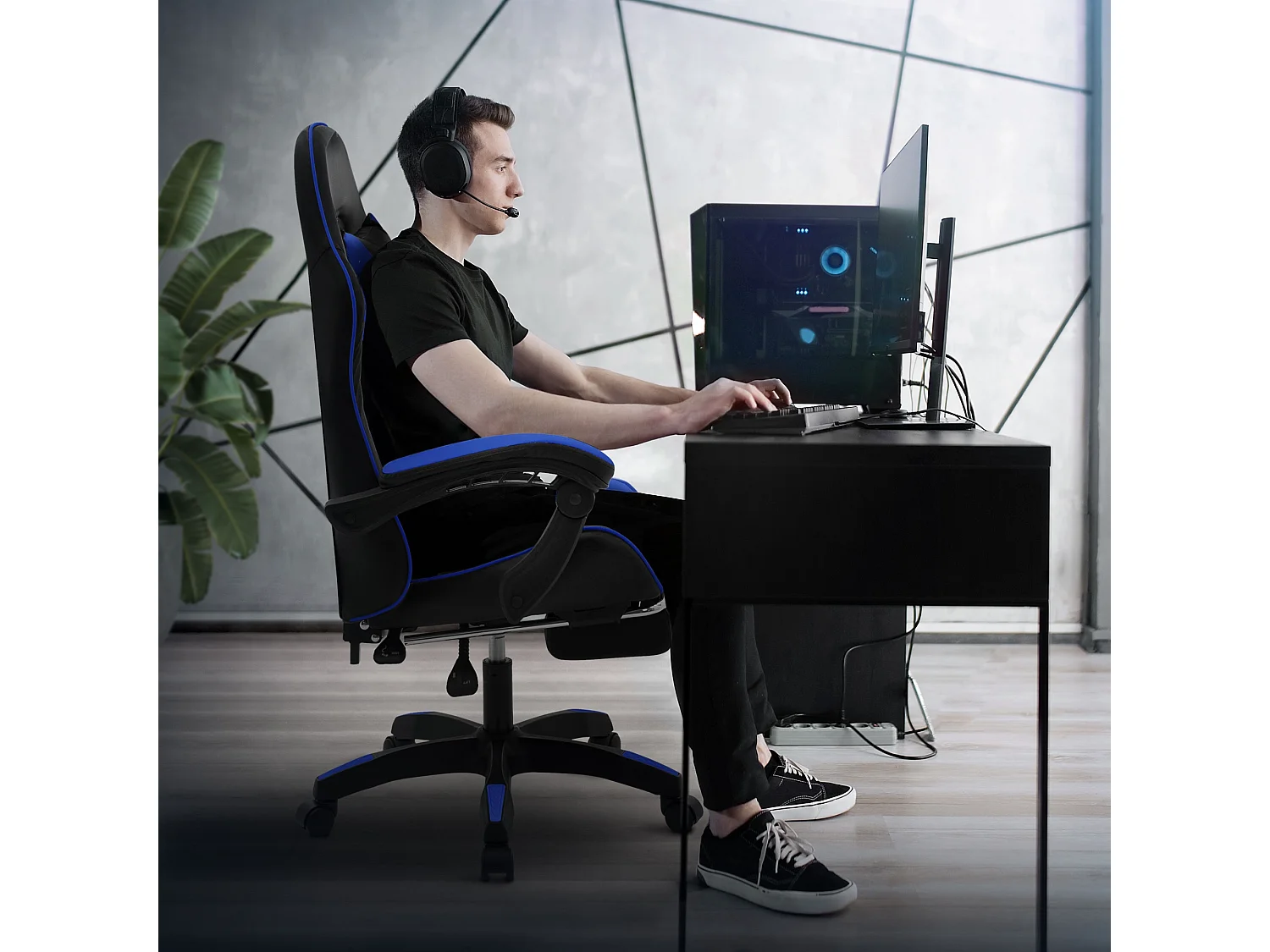 Chaise de gaming ergonomique noir bleu synthétique avec coussins de soutien repose-pieds intégré hauteur réglable dossier inclinable rotation à 360°
