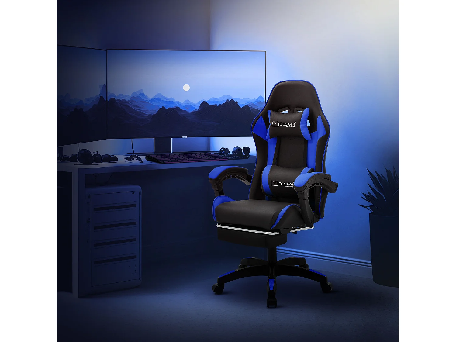 Chaise de gaming ergonomique noir bleu synthétique avec coussins de soutien repose-pieds intégré hauteur réglable dossier inclinable rotation à 360°