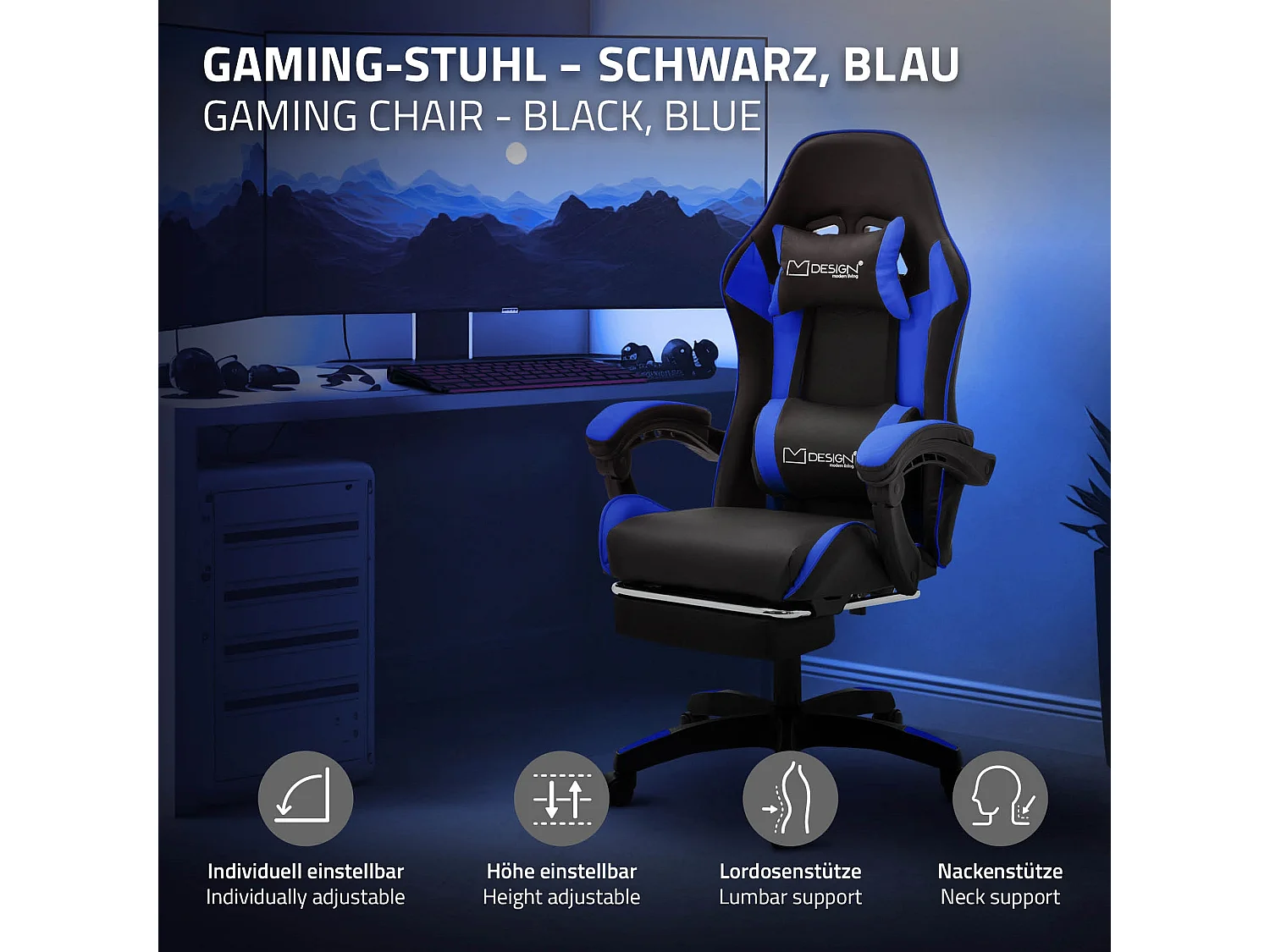 Chaise de gaming ergonomique noir bleu synthétique avec coussins de soutien repose-pieds intégré hauteur réglable dossier inclinable rotation à 360°