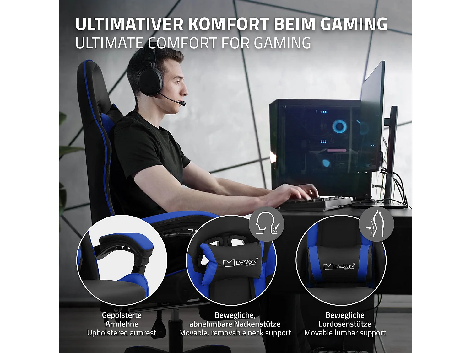 Chaise de gaming ergonomique noir bleu synthétique avec coussins de soutien repose-pieds intégré hauteur réglable dossier inclinable rotation à 360°