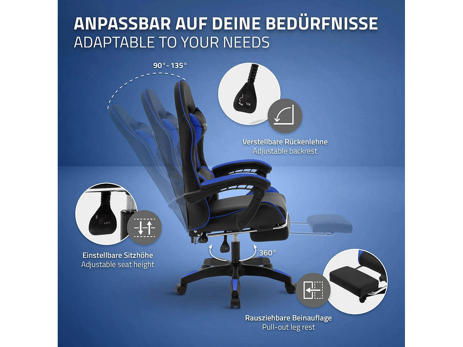Chaise de gaming ergonomique noir bleu synthétique avec coussins de soutien repose-pieds intégré hauteur réglable dossier inclinable rotation à 360°