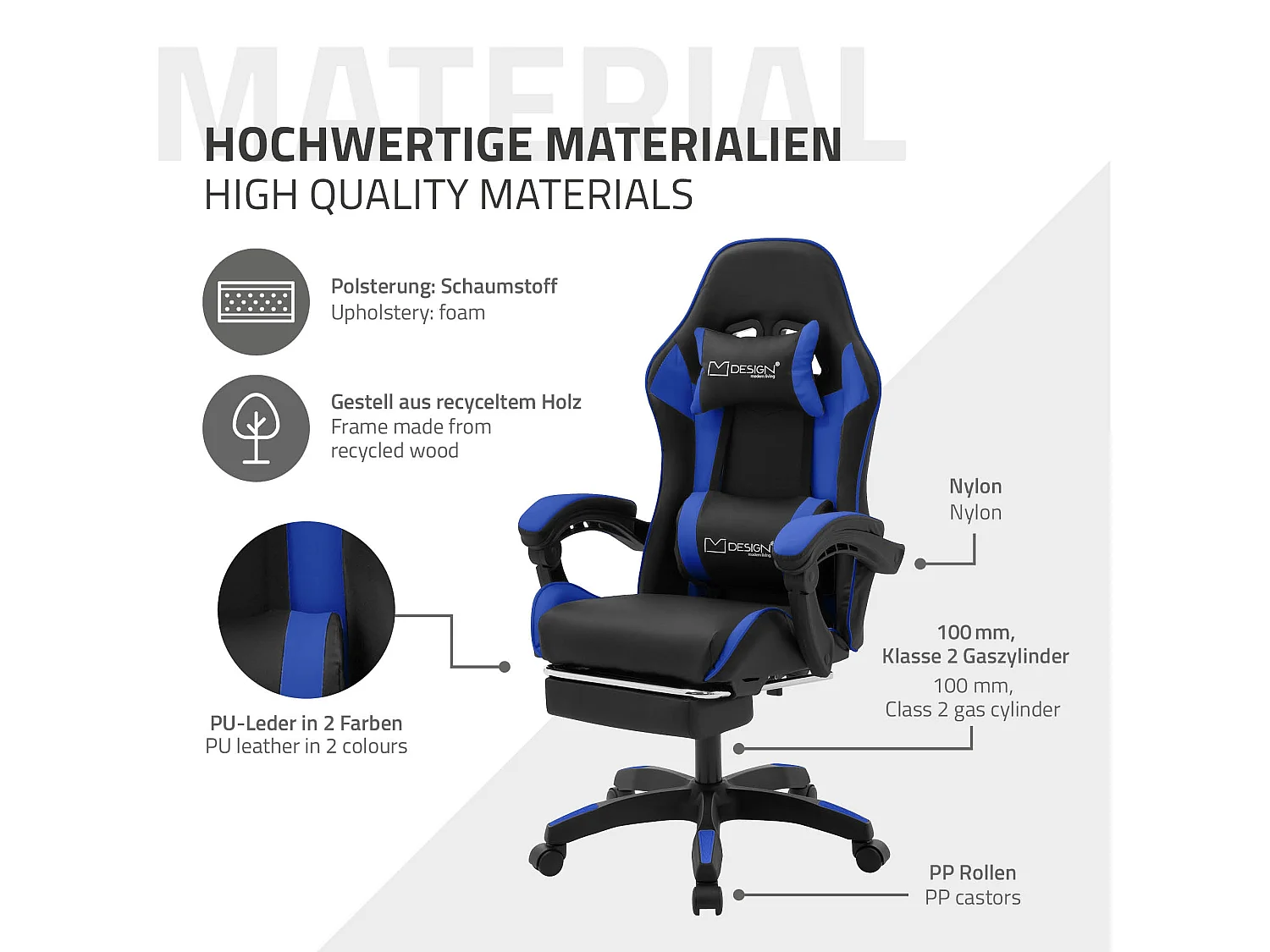 Chaise de gaming ergonomique noir bleu synthétique avec coussins de soutien repose-pieds intégré hauteur réglable dossier inclinable rotation à 360°