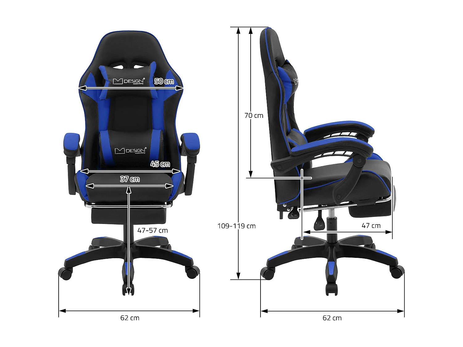 Chaise de gaming ergonomique noir bleu synthétique avec coussins de soutien repose-pieds intégré hauteur réglable dossier inclinable rotation à 360°