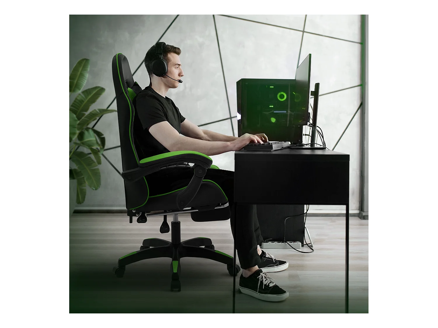 ML-Design Sedia da gaming ergonomica in similpelle verde, con poggiapiedi e poggiatesta, poltrona da gioco girevole, ideale per scrivania o ufficio