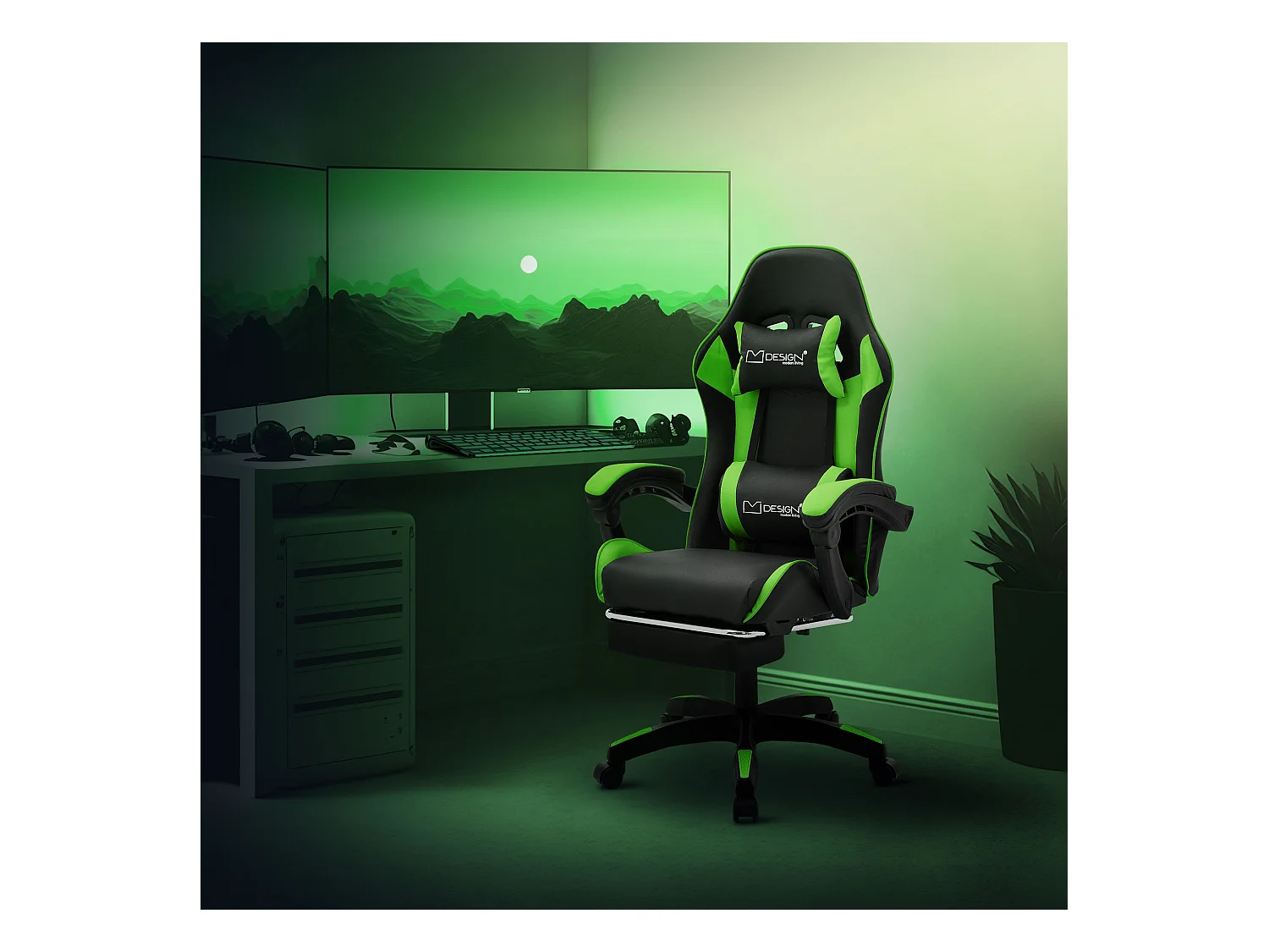 ML-Design Sedia da gaming ergonomica in similpelle verde, con poggiapiedi e poggiatesta, poltrona da gioco girevole, ideale per scrivania o ufficio