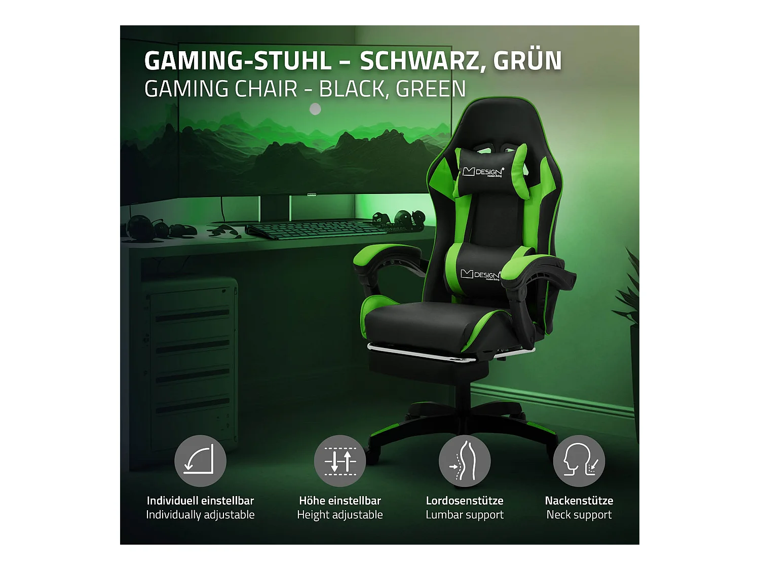 ML-Design Sedia da gaming ergonomica in similpelle verde, con poggiapiedi e poggiatesta, poltrona da gioco girevole, ideale per scrivania o ufficio