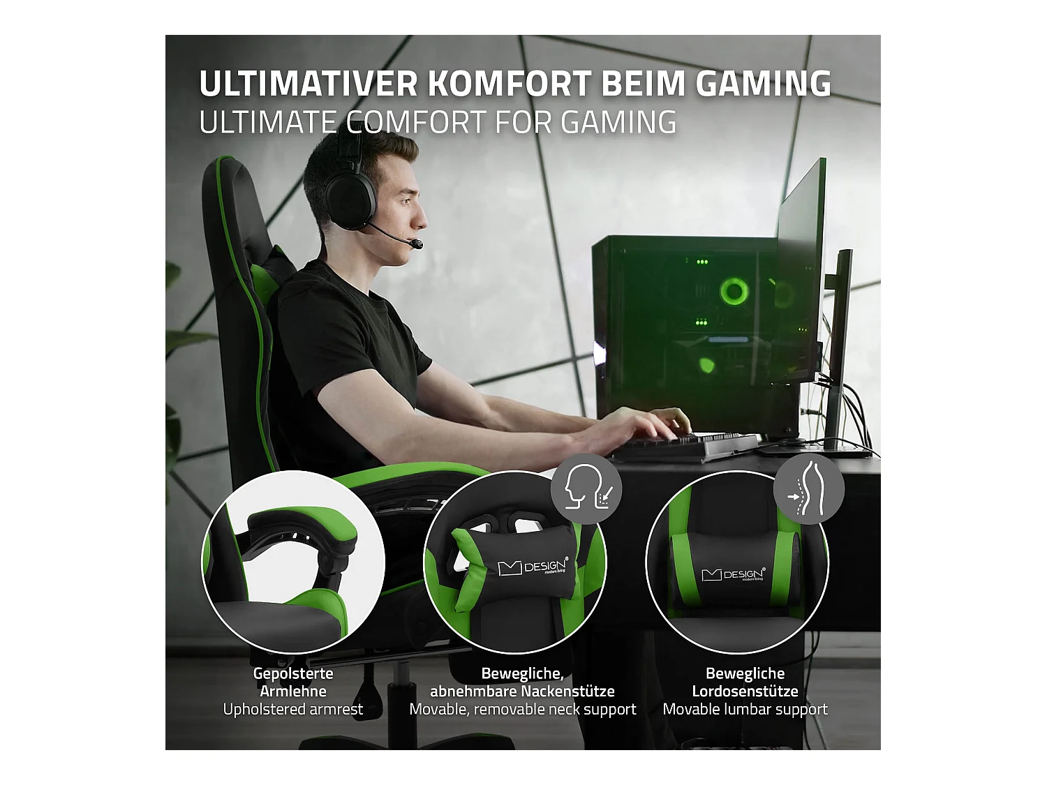 ML-Design Sedia da gaming ergonomica in similpelle verde, con poggiapiedi e poggiatesta, poltrona da gioco girevole, ideale per scrivania o ufficio