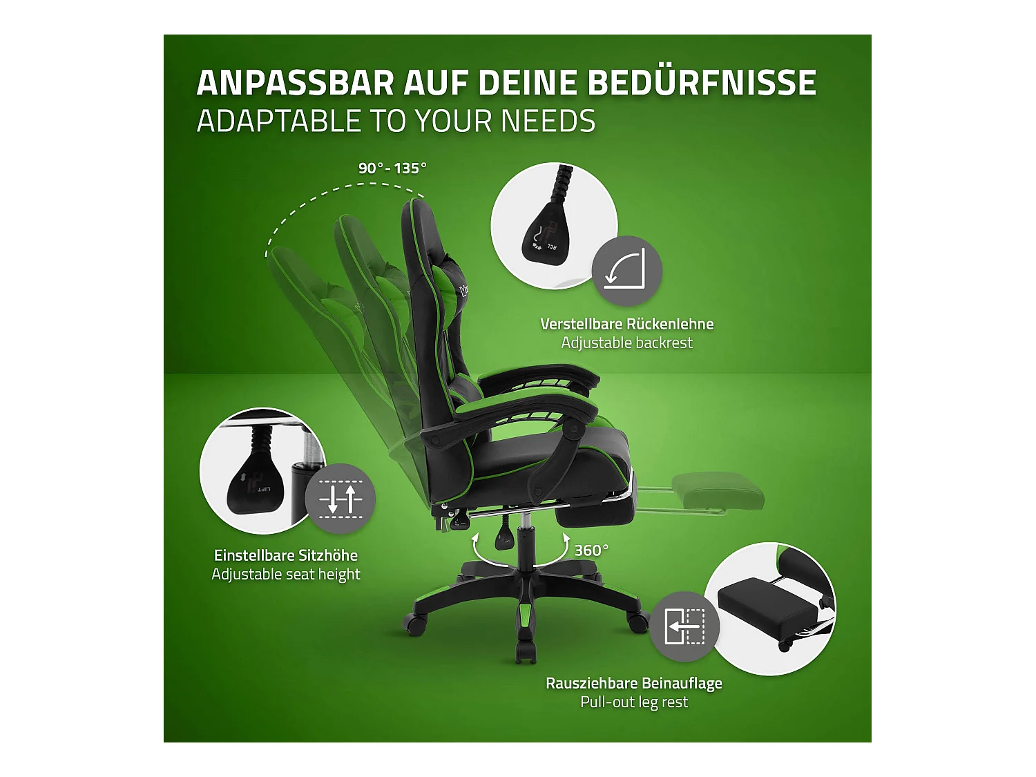 ML-Design Sedia da gaming ergonomica in similpelle verde, con poggiapiedi e poggiatesta, poltrona da gioco girevole, ideale per scrivania o ufficio
