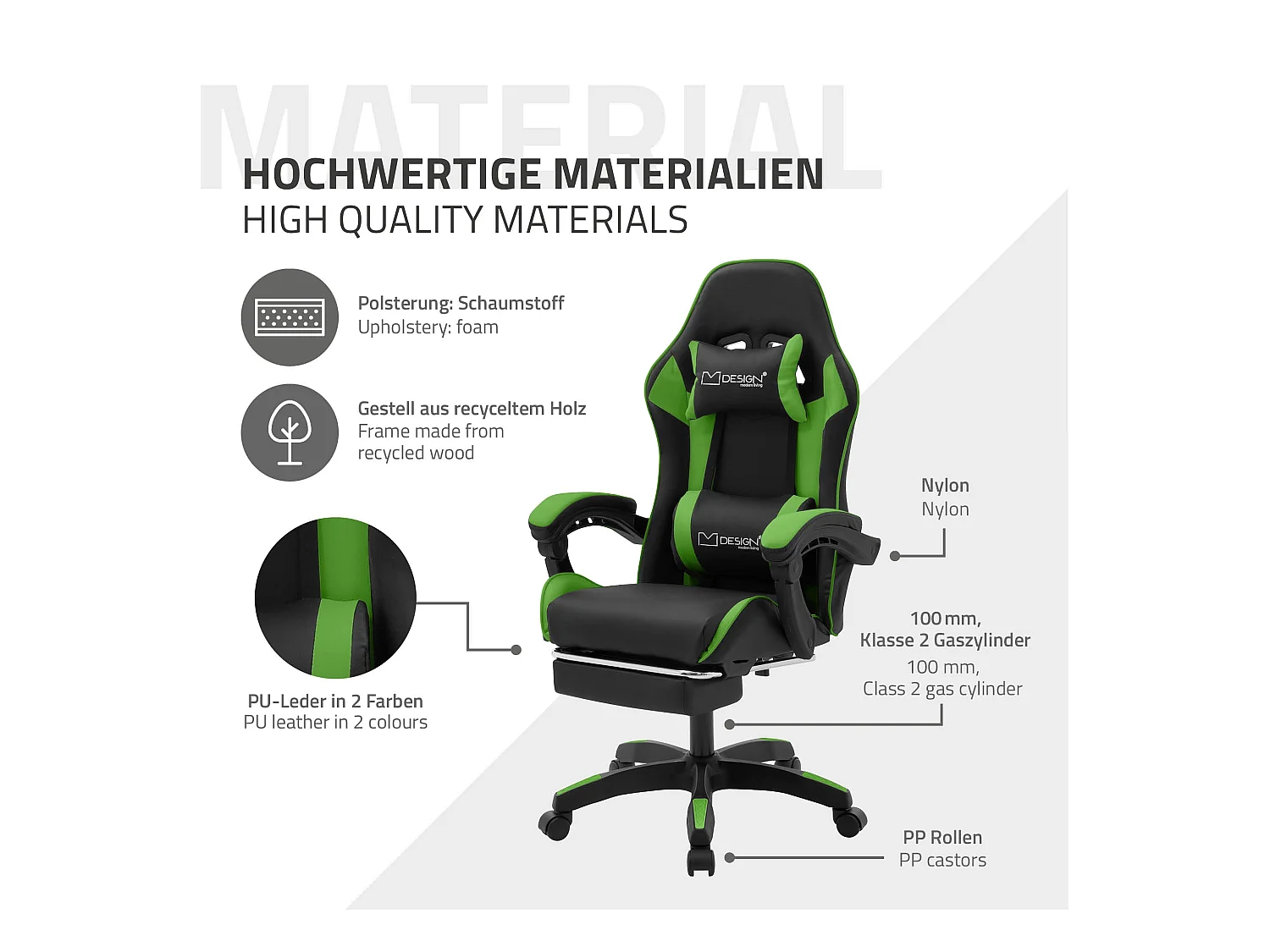 ML-Design Sedia da gaming ergonomica in similpelle verde, con poggiapiedi e poggiatesta, poltrona da gioco girevole, ideale per scrivania o ufficio
