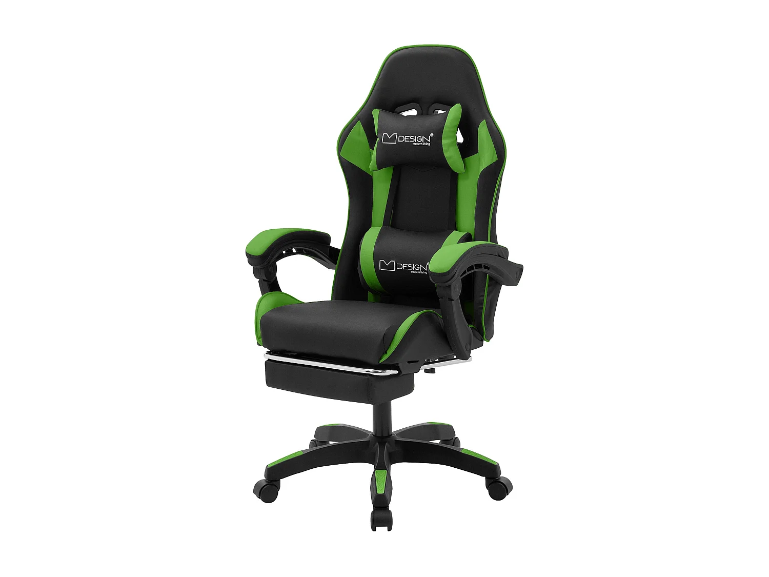 Chaise de gaming ergonomique noir vert synthétique avec coussins de soutien repose-pieds intégré hauteur réglable dossier inclinable rotation à 360°