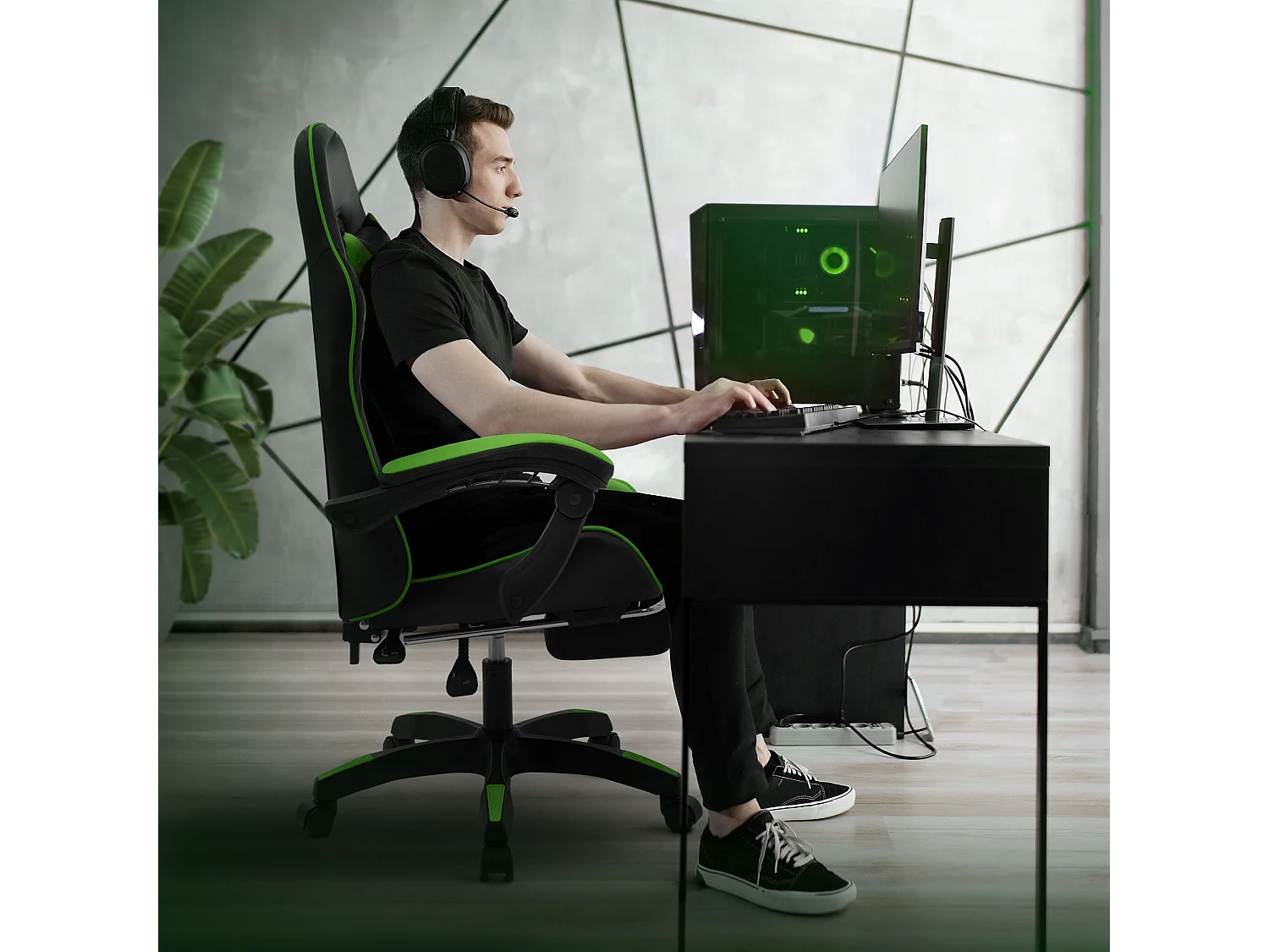 Chaise de gaming ergonomique noir vert synthétique avec coussins de soutien repose-pieds intégré hauteur réglable dossier inclinable rotation à 360°