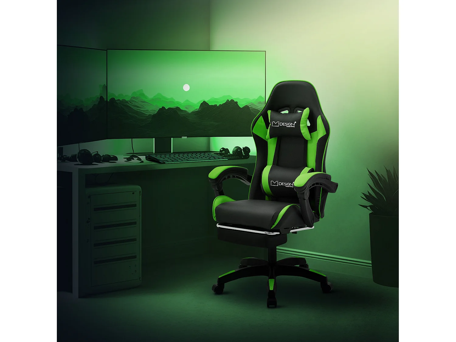 Chaise de gaming ergonomique noir vert synthétique avec coussins de soutien repose-pieds intégré hauteur réglable dossier inclinable rotation à 360°