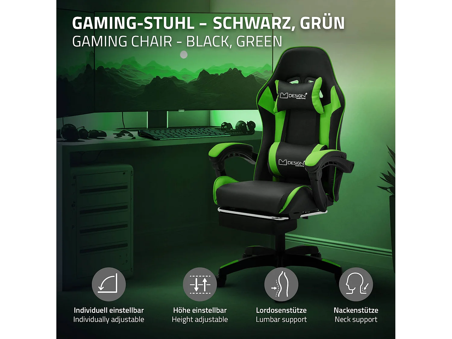 Chaise de gaming ergonomique noir vert synthétique avec coussins de soutien repose-pieds intégré hauteur réglable dossier inclinable rotation à 360°