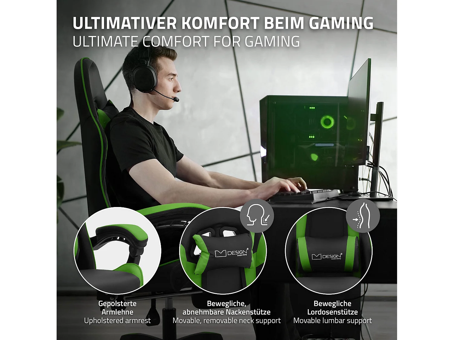 Chaise de gaming ergonomique noir vert synthétique avec coussins de soutien repose-pieds intégré hauteur réglable dossier inclinable rotation à 360°