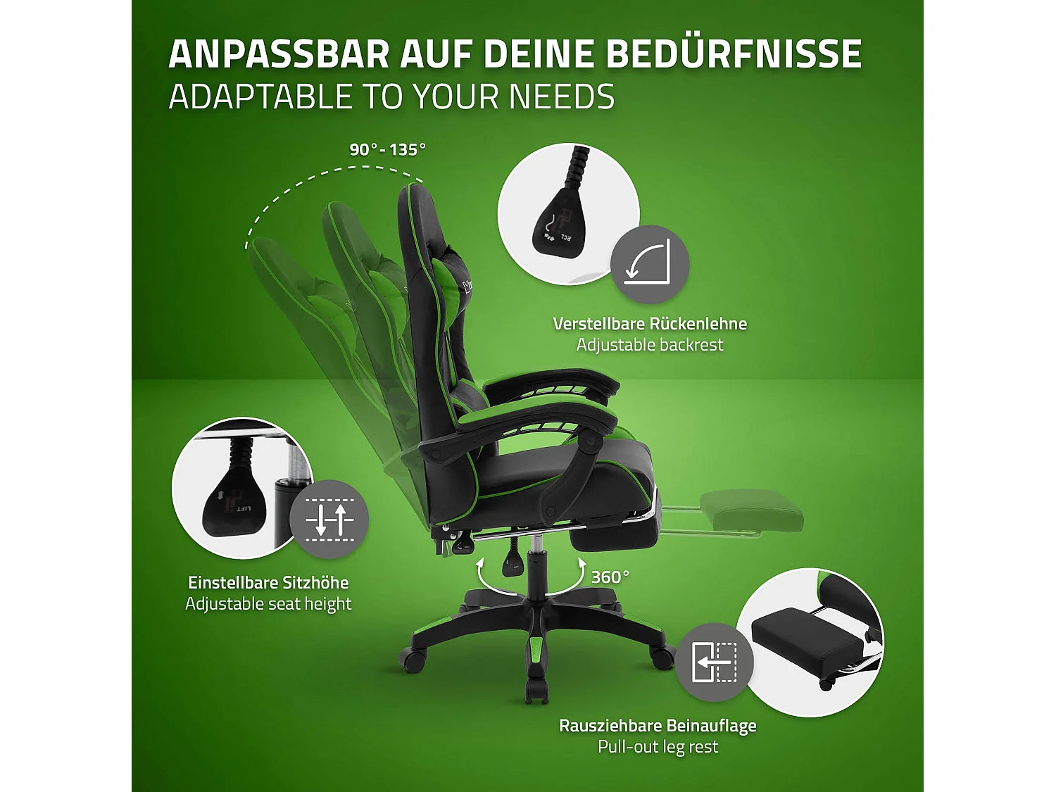 Chaise de gaming ergonomique noir vert synthétique avec coussins de soutien repose-pieds intégré hauteur réglable dossier inclinable rotation à 360°