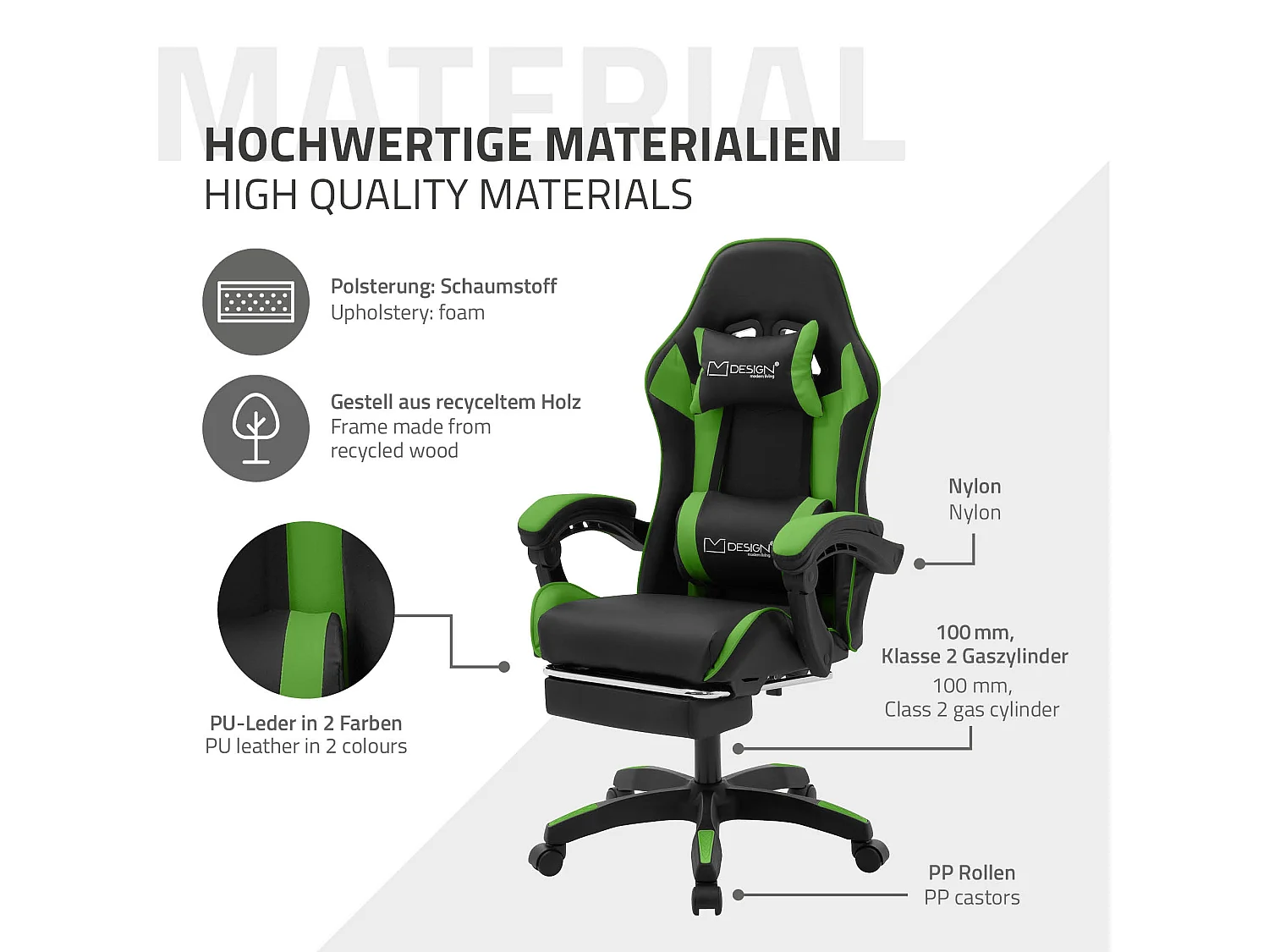 Chaise de gaming ergonomique noir vert synthétique avec coussins de soutien repose-pieds intégré hauteur réglable dossier inclinable rotation à 360°