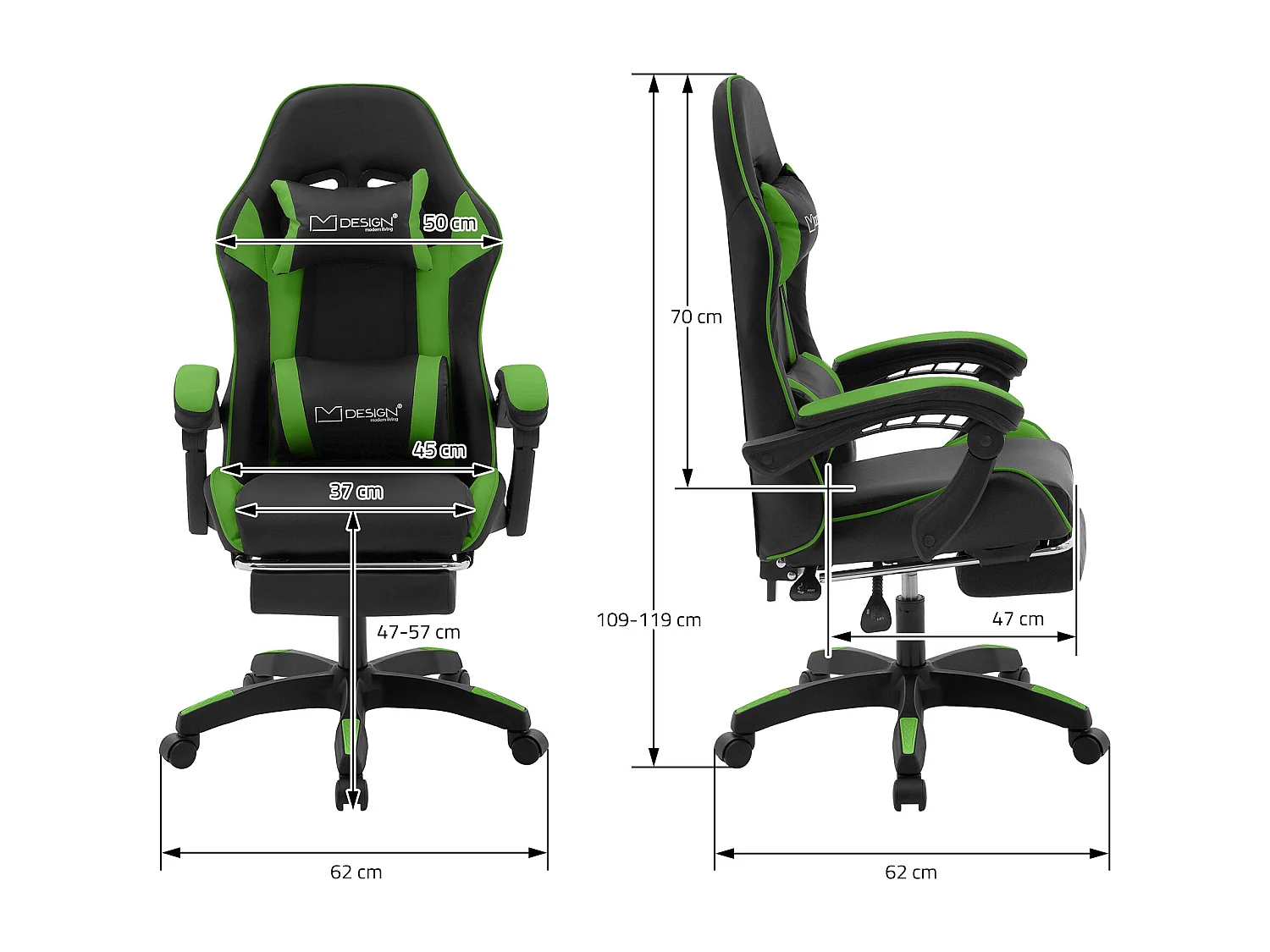 Chaise de gaming ergonomique noir vert synthétique avec coussins de soutien repose-pieds intégré hauteur réglable dossier inclinable rotation à 360°