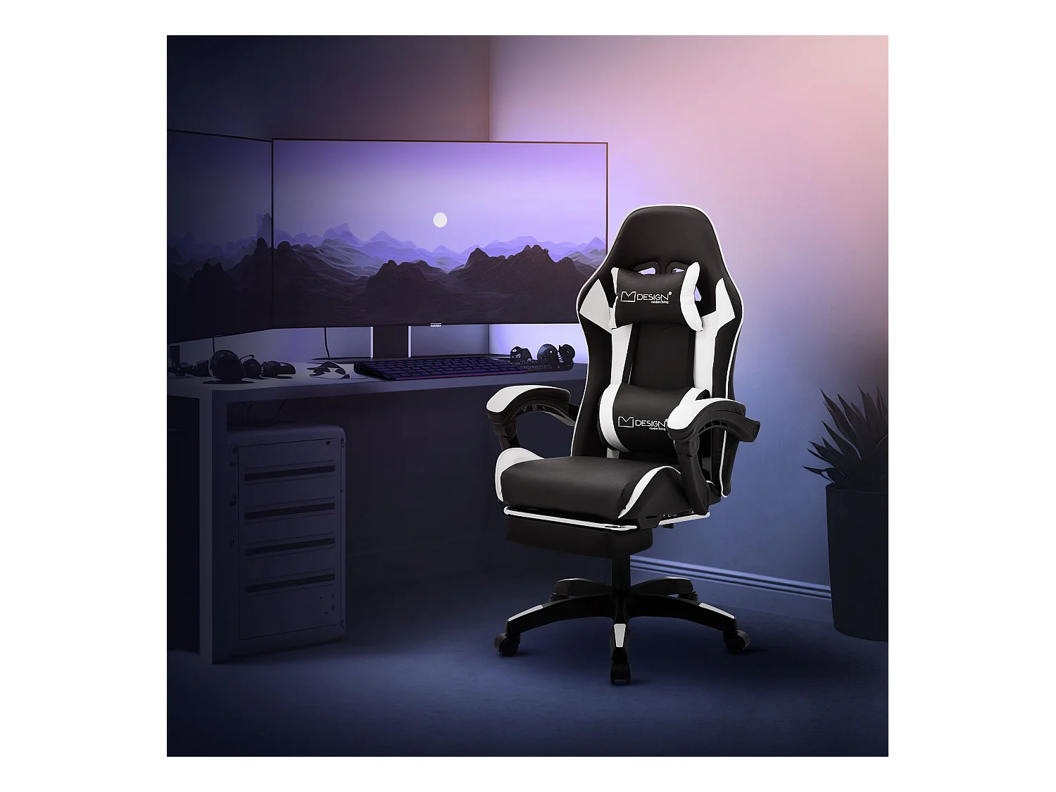 ML-Design Sedia da gaming ergonomica in similpelle bianco, con poggiapiedi e poggiatesta, poltrona da gioco girevole, ideale per scrivania o ufficio
