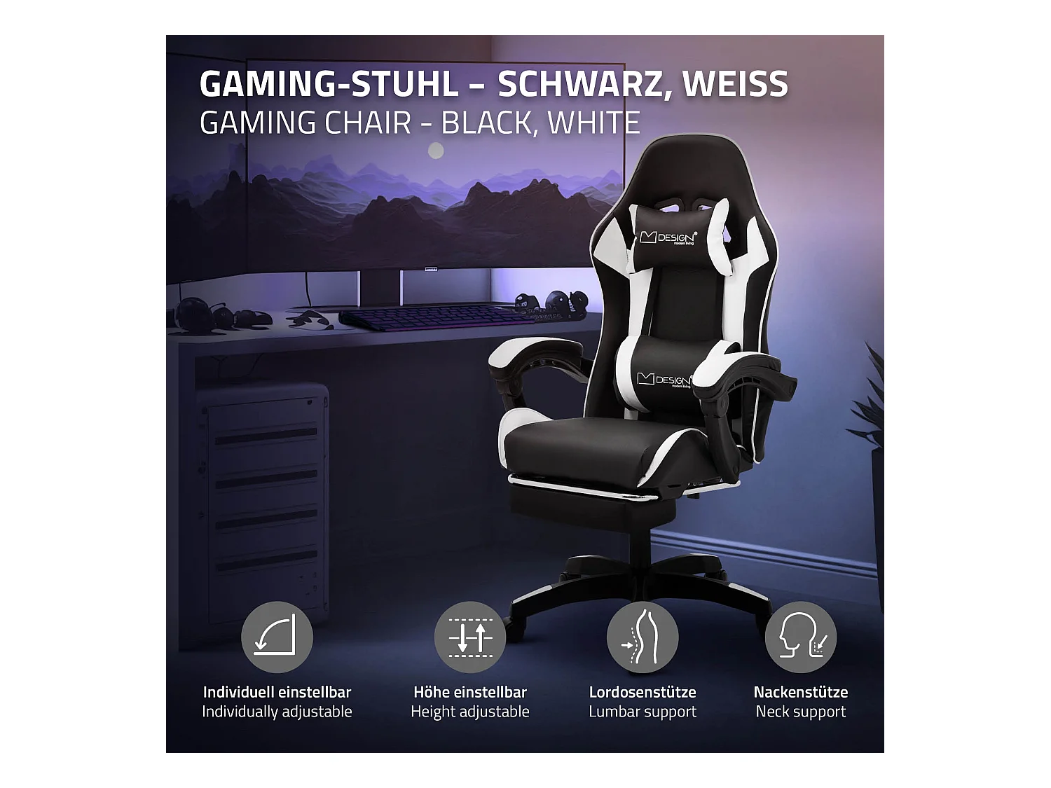 ML-Design Sedia da gaming ergonomica in similpelle bianco, con poggiapiedi e poggiatesta, poltrona da gioco girevole, ideale per scrivania o ufficio