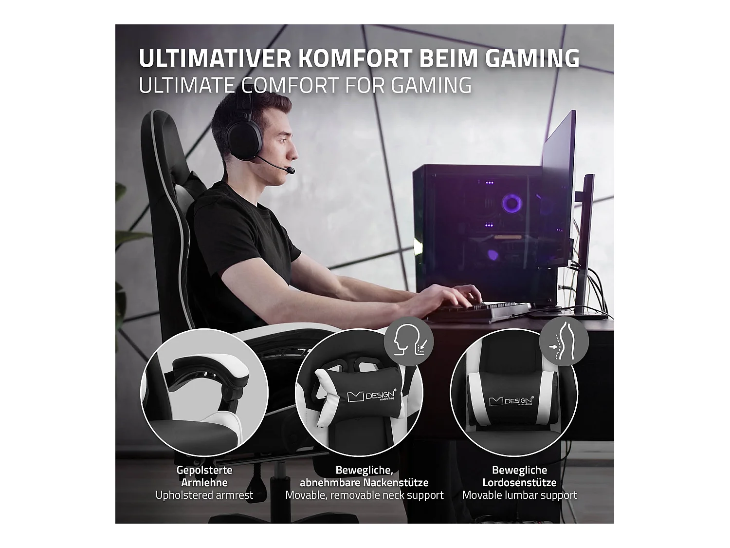 ML-Design Sedia da gaming ergonomica in similpelle bianco, con poggiapiedi e poggiatesta, poltrona da gioco girevole, ideale per scrivania o ufficio