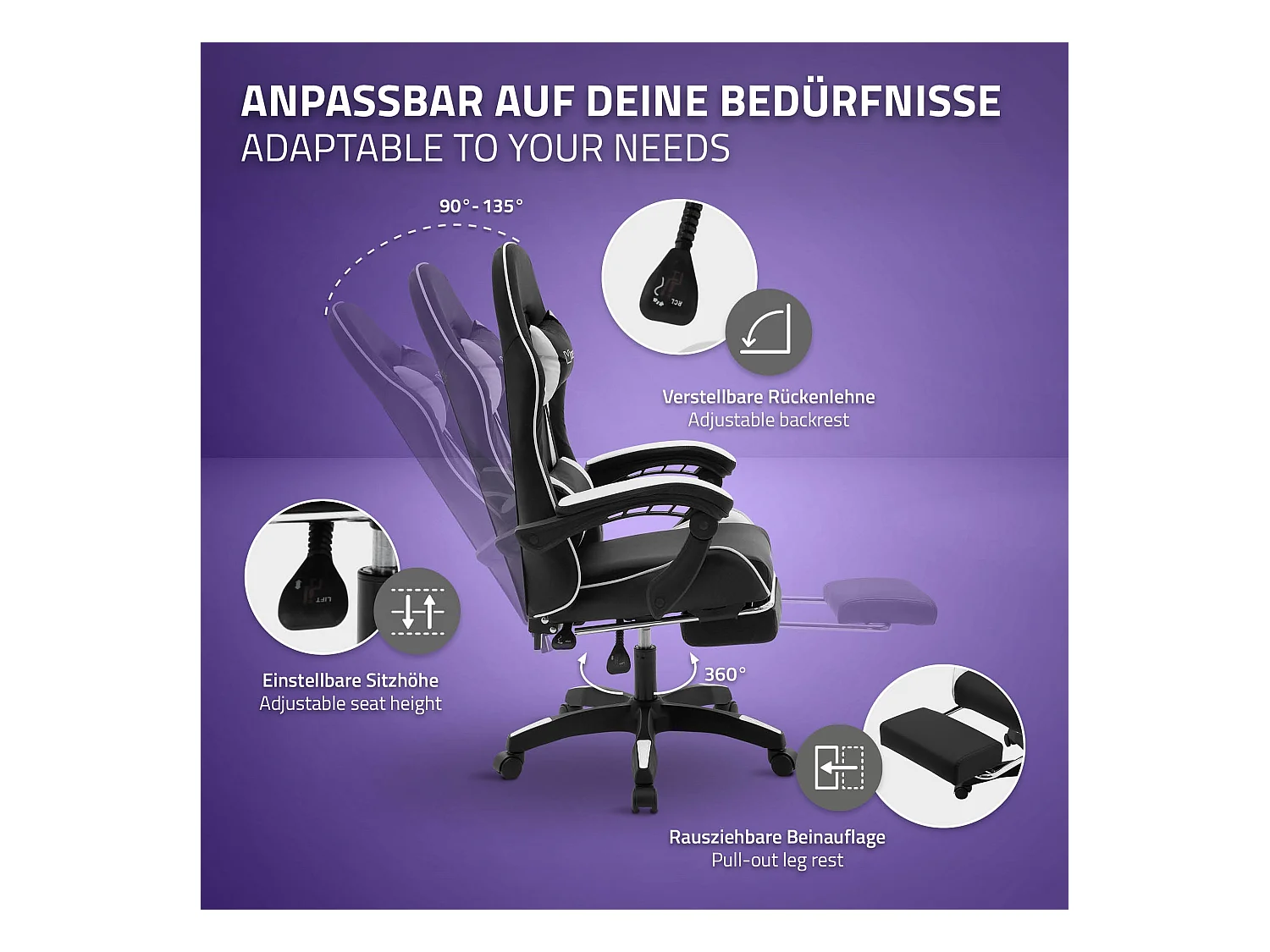 ML-Design Sedia da gaming ergonomica in similpelle bianco, con poggiapiedi e poggiatesta, poltrona da gioco girevole, ideale per scrivania o ufficio