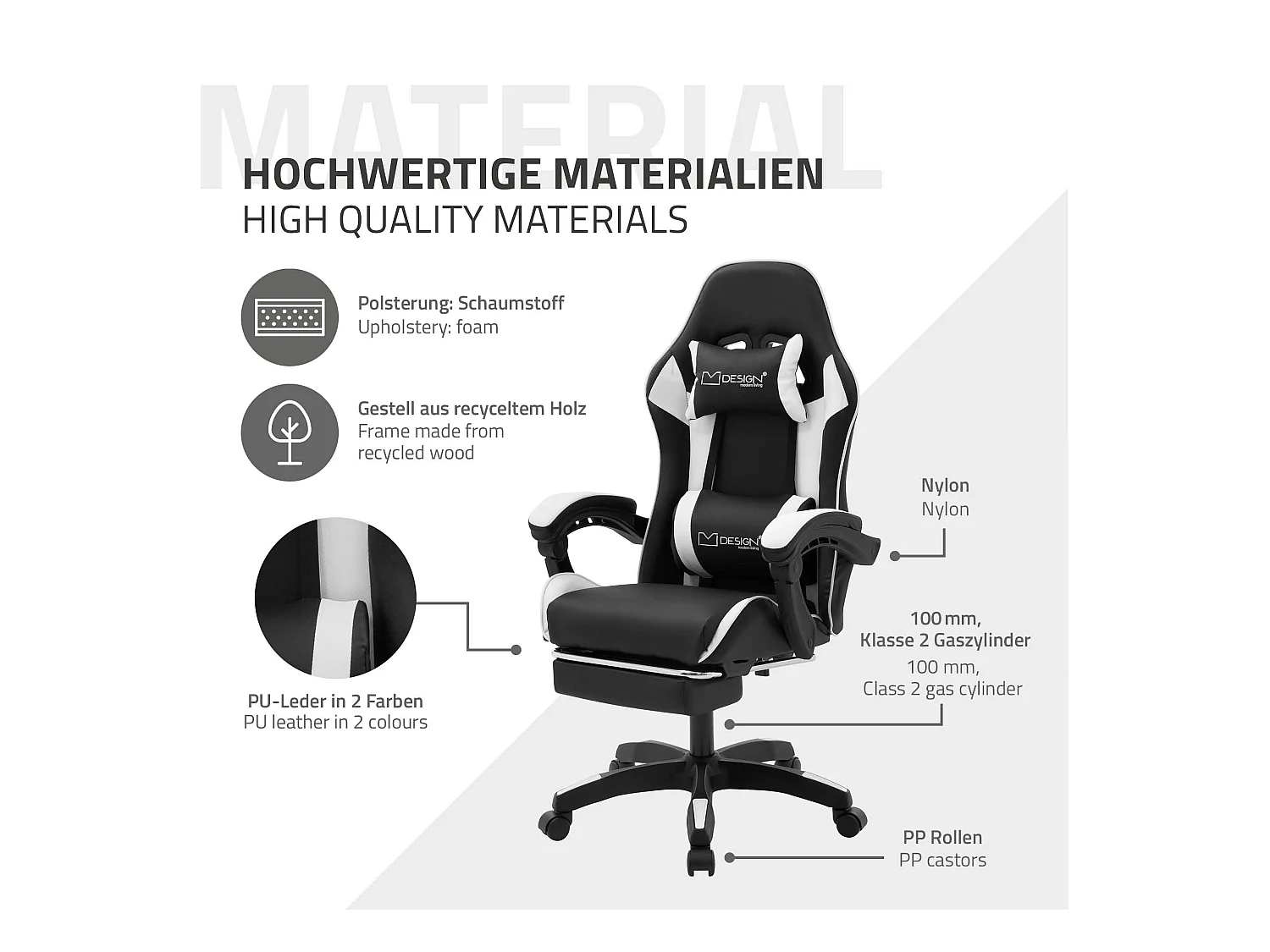 ML-Design Sedia da gaming ergonomica in similpelle bianco, con poggiapiedi e poggiatesta, poltrona da gioco girevole, ideale per scrivania o ufficio