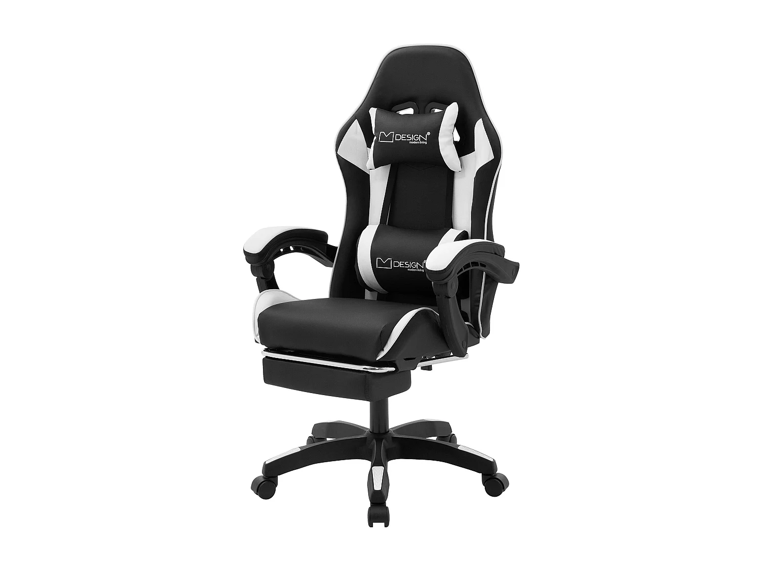 Chaise de gaming ergonomique noir blanc synthétique avec coussins de soutien repose-pieds intégré hauteur réglable dossier inclinable rotation 360°