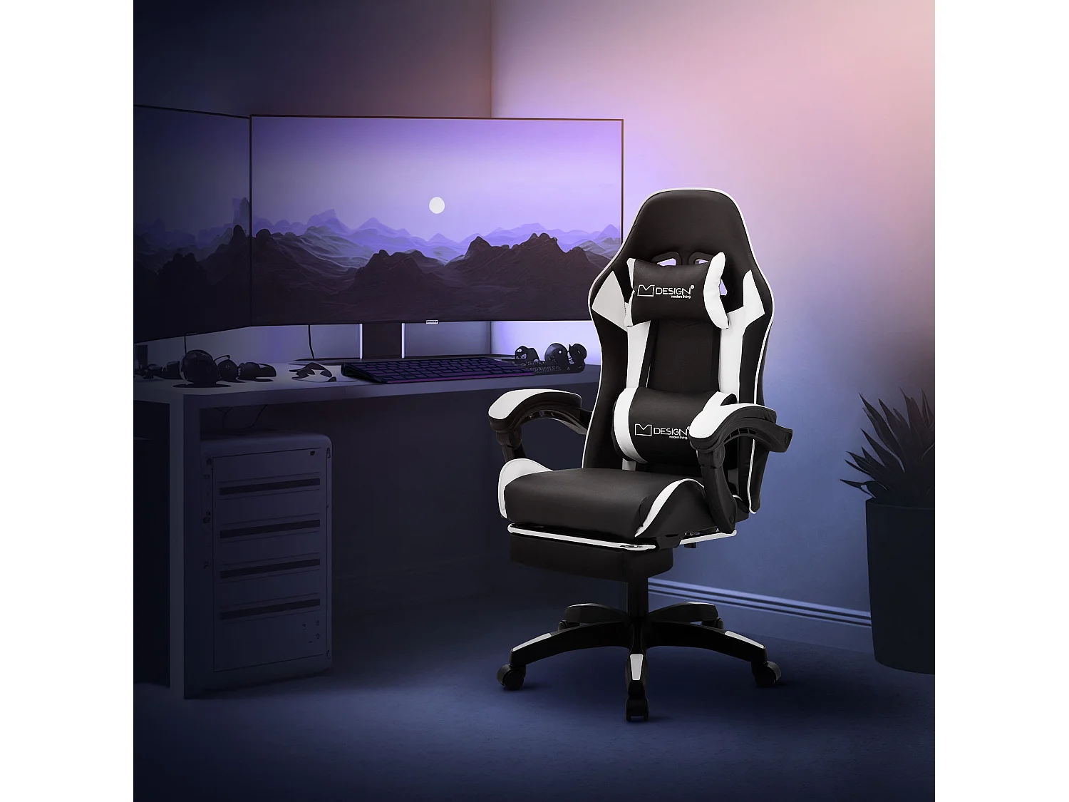 Chaise de gaming ergonomique noir blanc synthétique avec coussins de soutien repose-pieds intégré hauteur réglable dossier inclinable rotation 360°