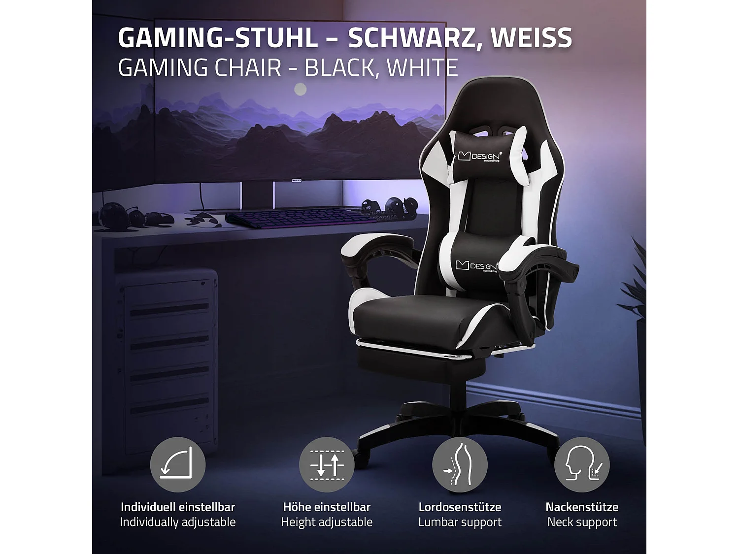 Chaise de gaming ergonomique noir blanc synthétique avec coussins de soutien repose-pieds intégré hauteur réglable dossier inclinable rotation 360°