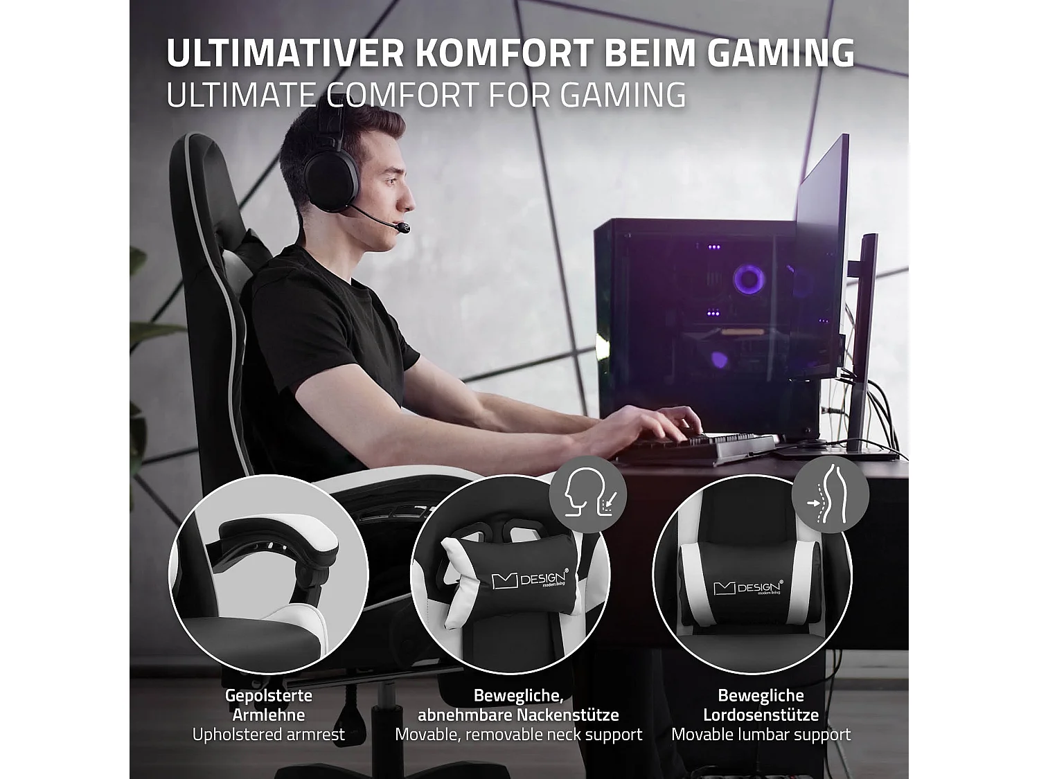 Chaise de gaming ergonomique noir blanc synthétique avec coussins de soutien repose-pieds intégré hauteur réglable dossier inclinable rotation 360°