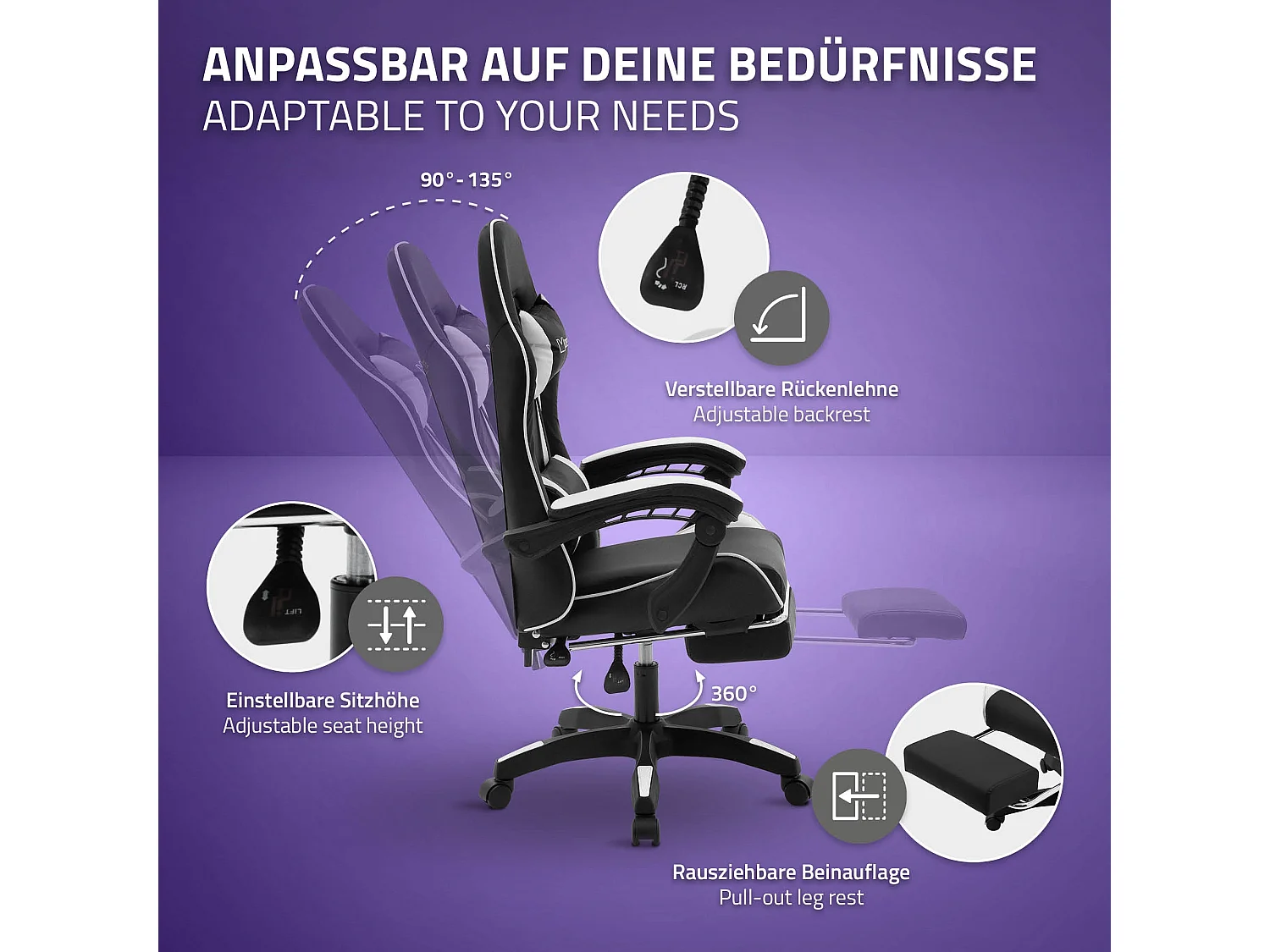 Chaise de gaming ergonomique noir blanc synthétique avec coussins de soutien repose-pieds intégré hauteur réglable dossier inclinable rotation 360°