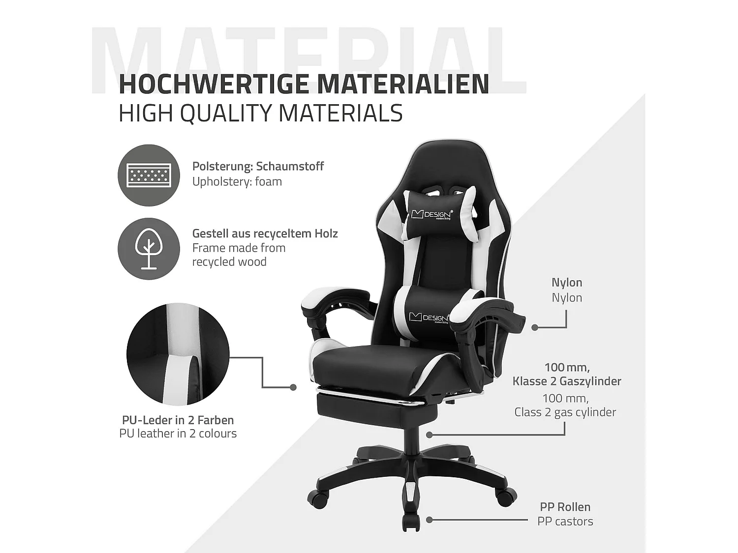 Chaise de gaming ergonomique noir blanc synthétique avec coussins de soutien repose-pieds intégré hauteur réglable dossier inclinable rotation 360°
