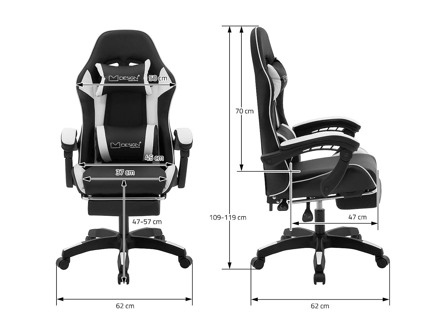 Chaise de gaming ergonomique noir blanc synthétique avec coussins de soutien repose-pieds intégré hauteur réglable dossier inclinable rotation 360°