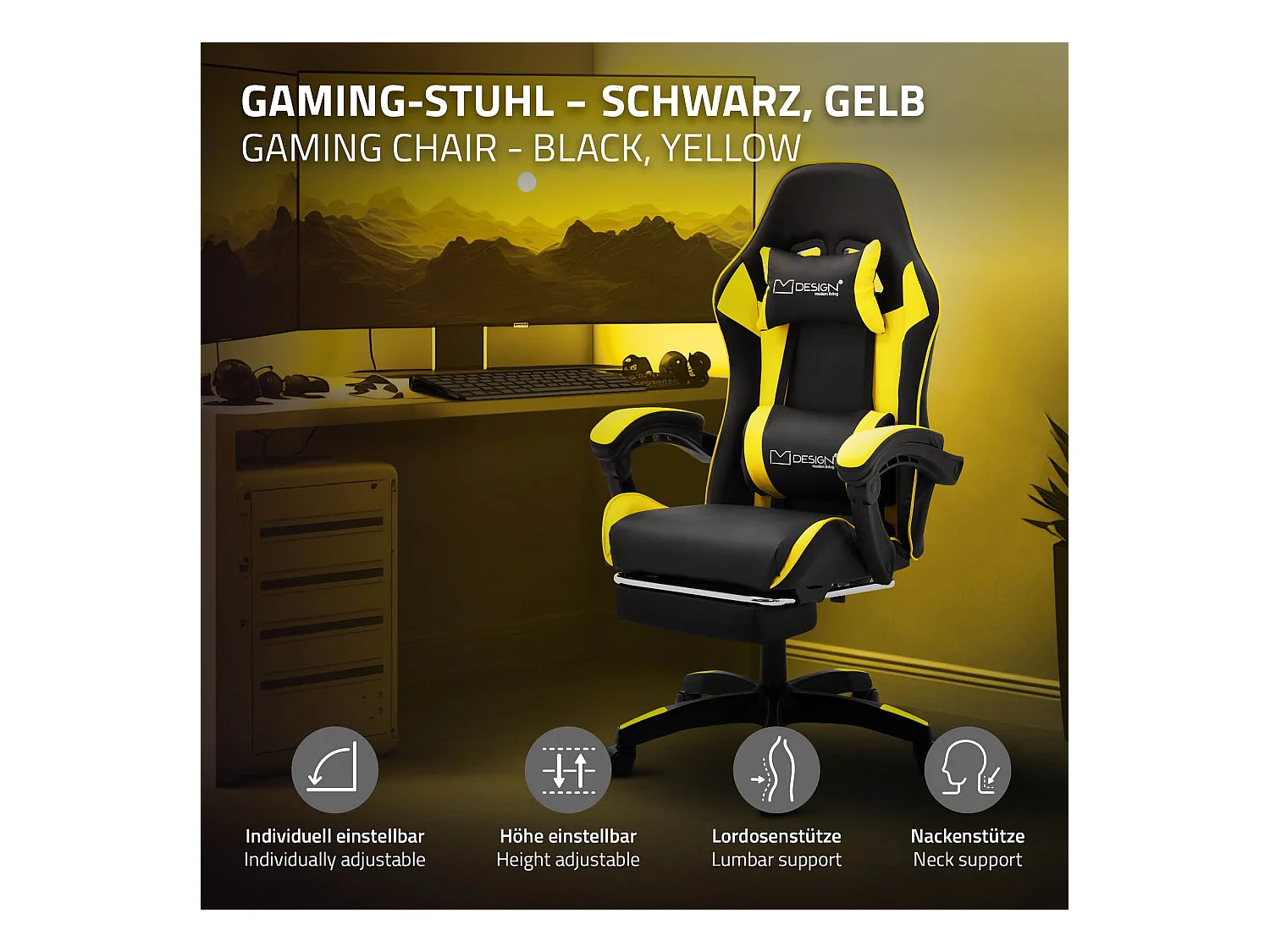 ML-Design Sedia da gaming ergonomica in similpelle giallo, con poggiapiedi e poggiatesta, poltrona da gioco girevole, ideale per scrivania o ufficio