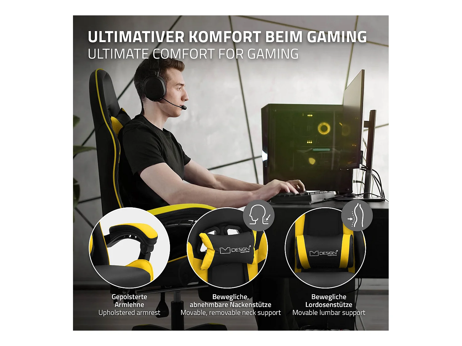 ML-Design Sedia da gaming ergonomica in similpelle giallo, con poggiapiedi e poggiatesta, poltrona da gioco girevole, ideale per scrivania o ufficio