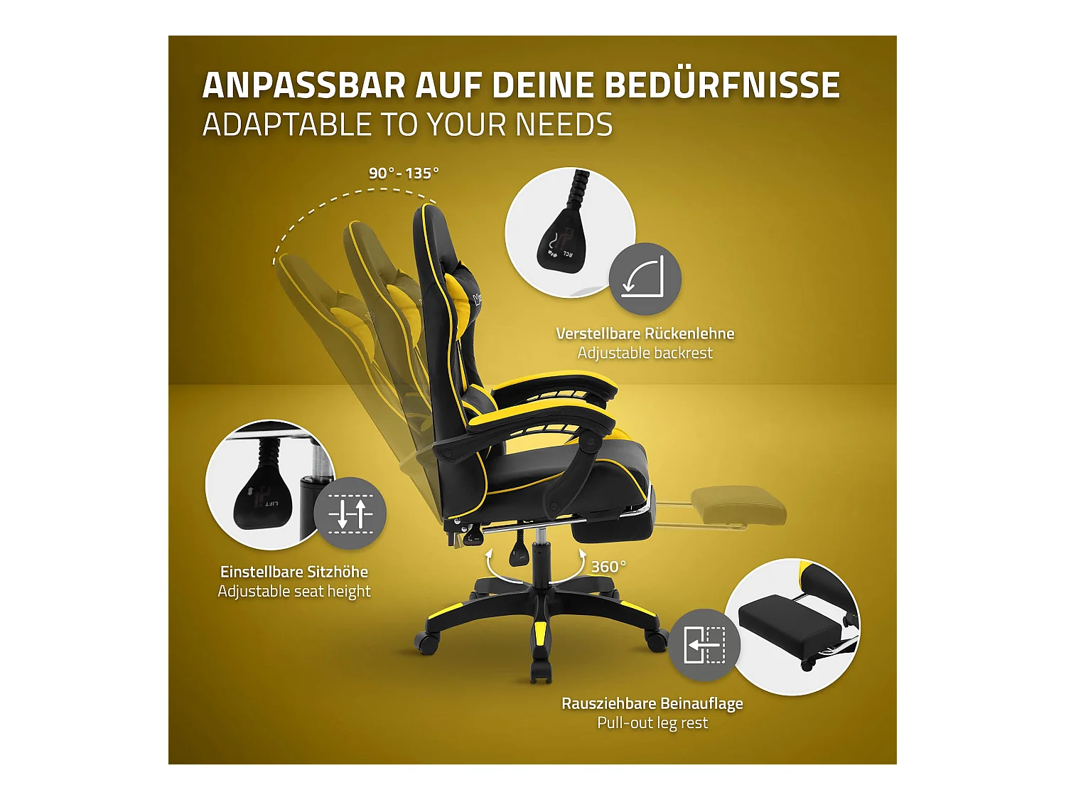 ML-Design Sedia da gaming ergonomica in similpelle giallo, con poggiapiedi e poggiatesta, poltrona da gioco girevole, ideale per scrivania o ufficio