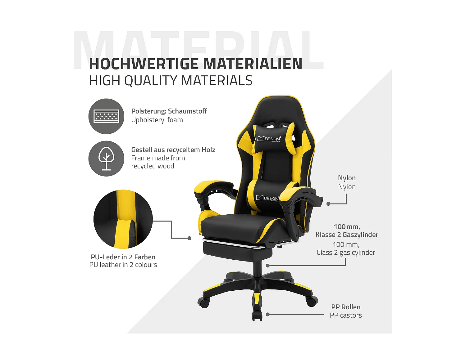 ML-Design Sedia da gaming ergonomica in similpelle giallo, con poggiapiedi e poggiatesta, poltrona da gioco girevole, ideale per scrivania o ufficio