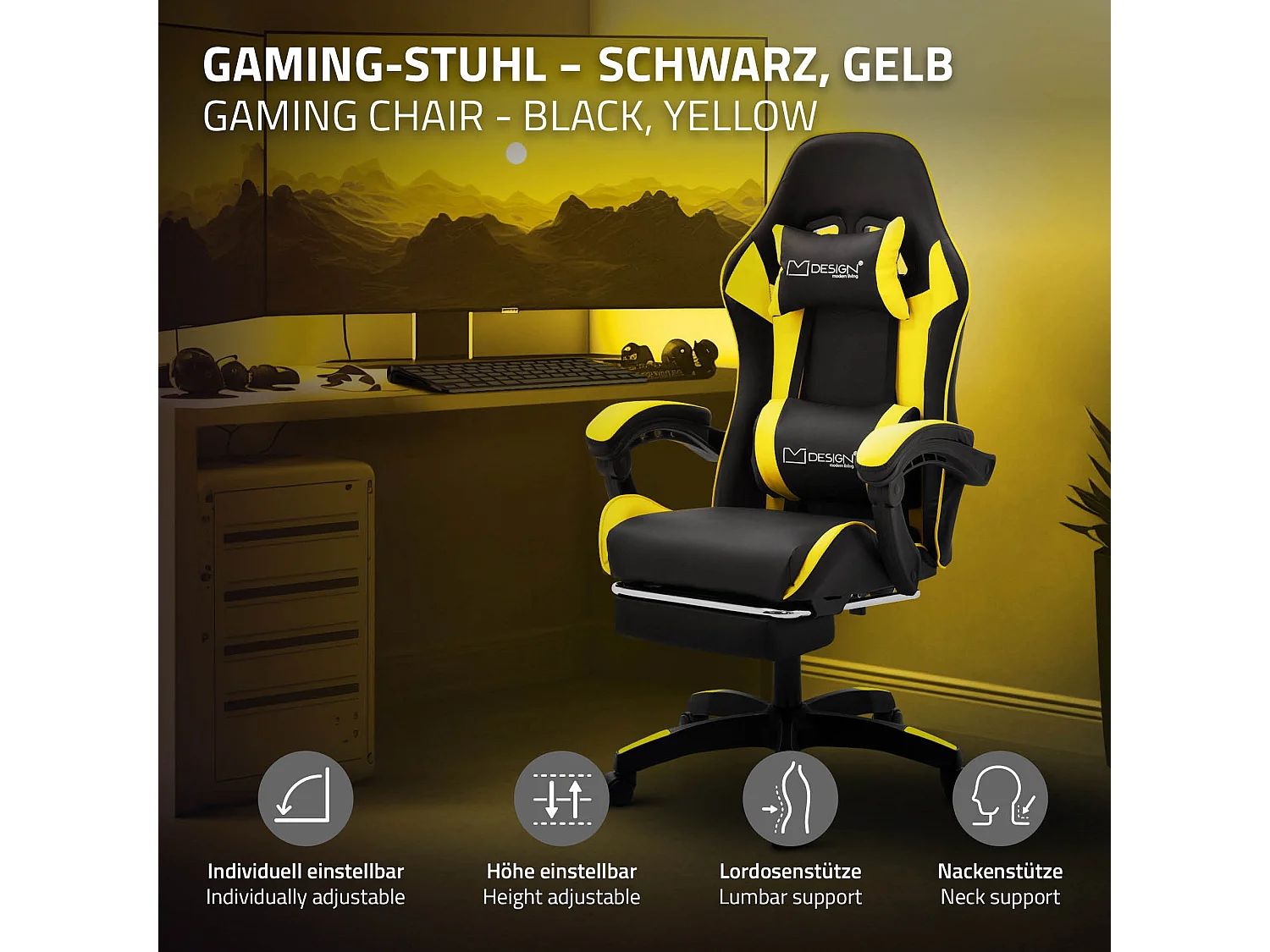 Chaise de gaming ergonomique noir jaune synthétique avec coussins de soutien repose-pieds intégré hauteur réglable dossier inclinable rotation à 360°