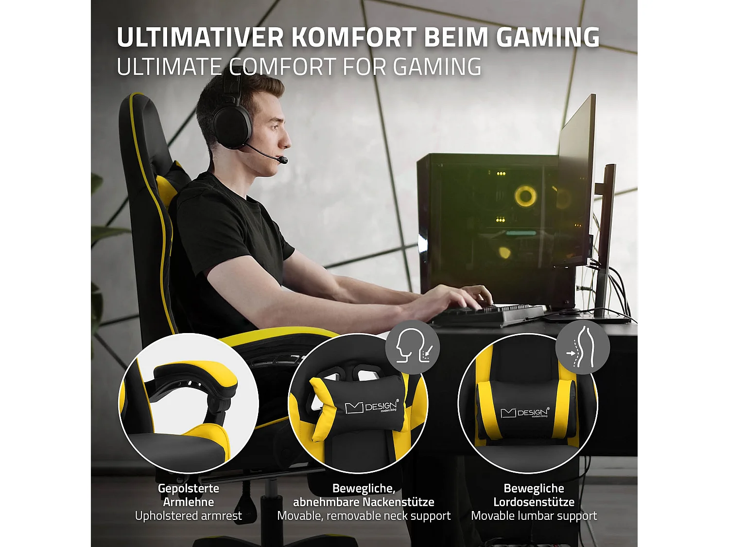 Chaise de gaming ergonomique noir jaune synthétique avec coussins de soutien repose-pieds intégré hauteur réglable dossier inclinable rotation à 360°